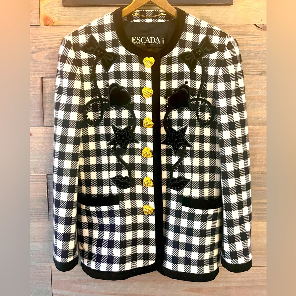 Escada Black and White Checkered Jacket with Gold Accents